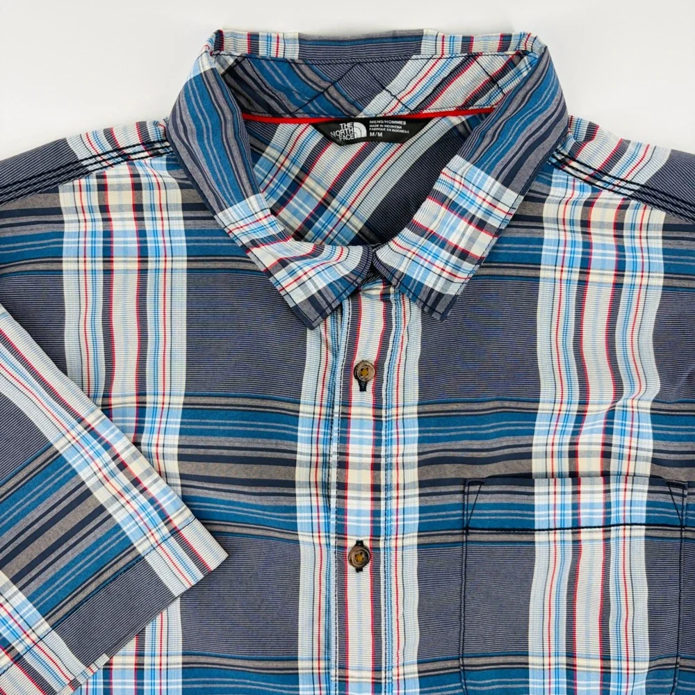 North Face Hiking Shirt Mens Med Blue Plaid Short Sleeve Button Down Performance